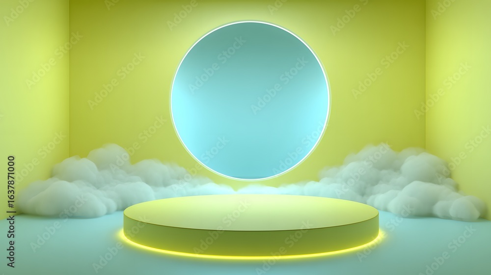 Poster abstract display podium with soft clouds in pastel colors.