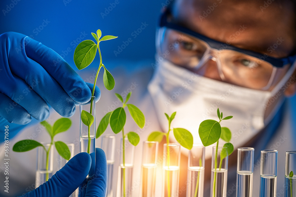 Poster ai generated closeup of a scientist handling a green seedling in a transparent test tube under lab l
