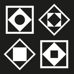 Abstract Geometric White Elements in Square Shape for Logo Designs on Black Background.