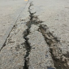 A deep crack runs along a concrete road, showing wear and damage.