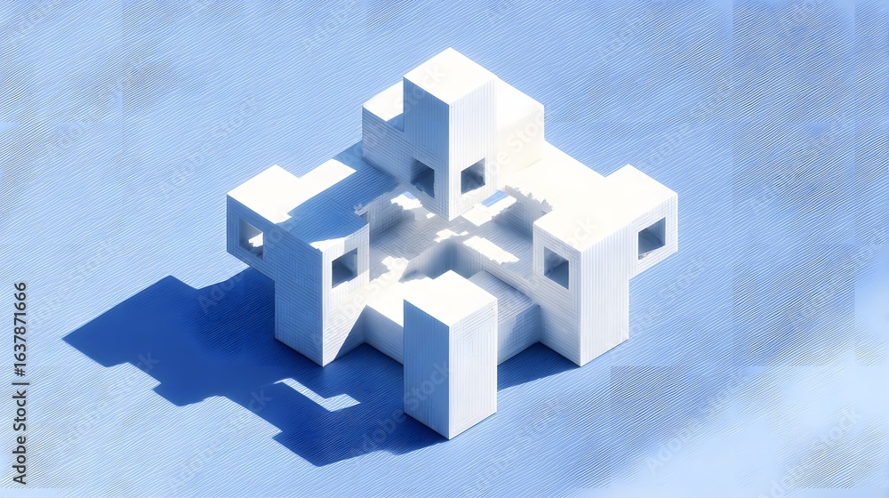 Poster abstract architectural model of interconnected cubic forms.