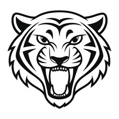 Aggressive black and white tiger head illustration, fierce expression, stylized vector art, perfect for mascot design, logo, or branding projects needing a powerful, intense image.