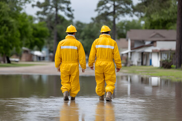 Group of rescue workers in yellow coats walk through flooded street. Climate crisis and emergency response theme for editorial or awareness visuals.