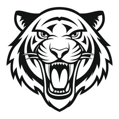Aggressive black and white tiger head illustration; fierce, powerful, vector graphic; perfect for mascot, logo, or branding design projects needing a strong, intense visual.