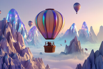 Fantasy Hot Air Balloon Floating Over Magical Mountains Generative AI