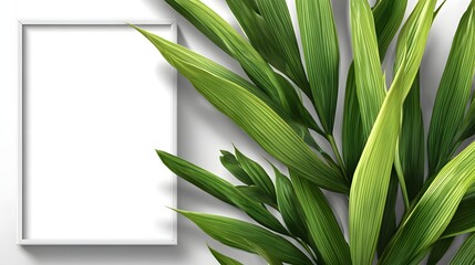 Obraz premium Empty white frame and tropical foliage on a light gray background.