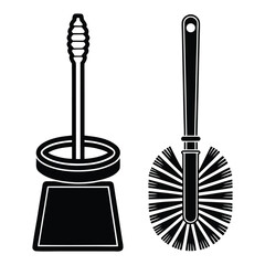Black and white vector illustration of two toilet brushes; one with a holder, the other a standalone design; simple, clean style; ideal for hygiene or cleaning related projects.