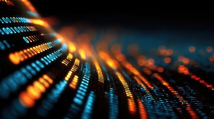 Abstract Digital Binary Code Stream, Data Transfer Concept, Orange and Blue Glowing Numbers on Dark Background