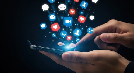 Digital Interaction: Hand Holding Phone with Social Media Icons for Connection and Engagement