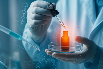 AI generated a closeup of a gloved scientist hand using dropper in sterile lab environment showing high tech biotechnology research with digital overlay and glowing chemical focus