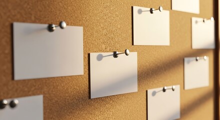 Pinboard abstraction with blank notes pinned and lit by diffused sunlight for message displays