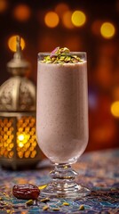 Obraz premium Date shake recipe healthy ramadan drink with pistachios and rose petals middle eastern beverage dessert treat