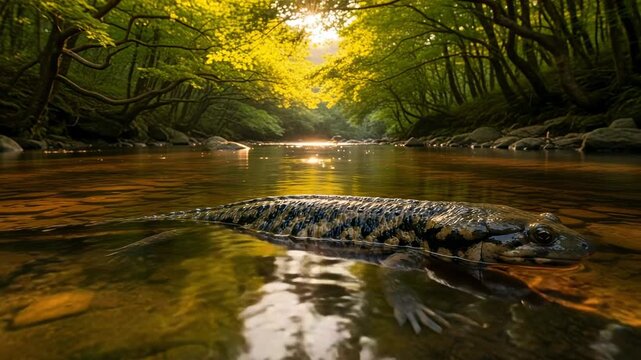Giant salamander in a pristine forest river. Golden sunlight filters through the green canopy, reflecting on the water's surface.