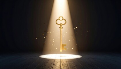 Golden Key Floating in Spotlight with Sparkles on Dark Background
