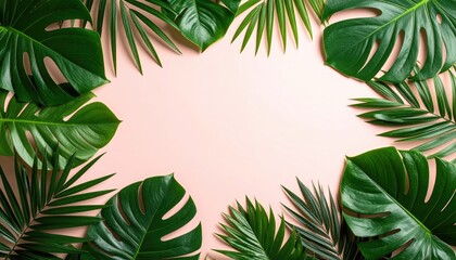 Green Tropical Leaves Frame on Pink Background for Nature Decor