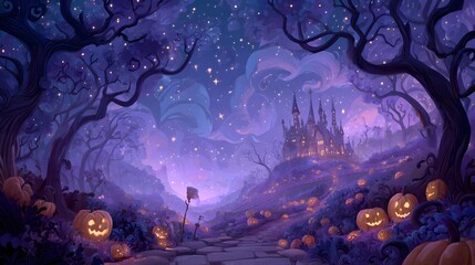 Obraz premium Enchanting halloween forest scene with glowing jack o lanterns spooky trees and a distant castle under a starry purple sky