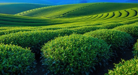 Lush Green Tea Plantation Terraces: Serene Landscape of Rolling Hills under a Clear Blue Sky