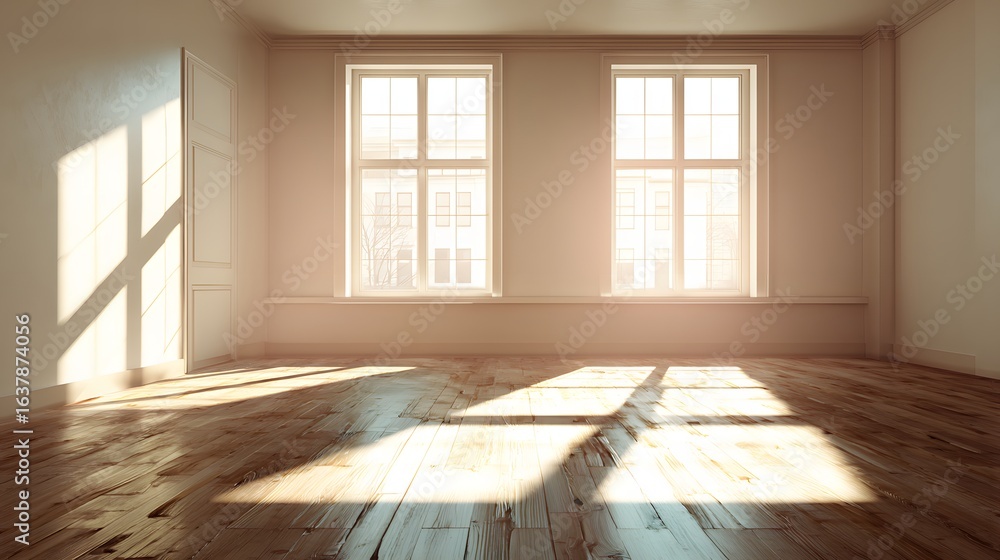 Poster sunlight streams into an empty room with hardwood floors.
