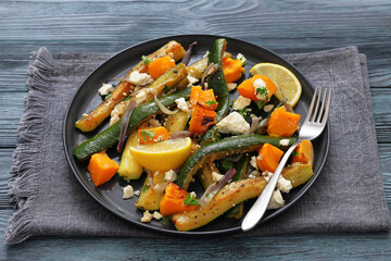 roasted vegetable salad with goat cheese on plate