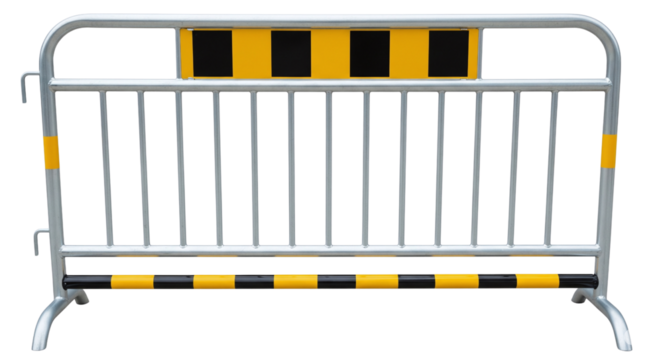 Metal crowd control barrier with warning stripes