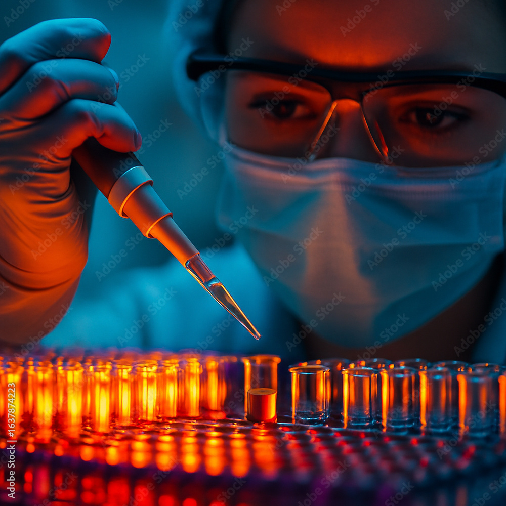 Aufkleber ai generated a close up of a lab researcher using micropipette to drop liquid into glowing test tube