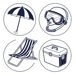 Illustration of beach and diving equipment in circles isolated on white background