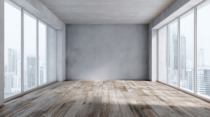 Modern Empty Room Interior with Large Windows and City View, Ideal for Real Estate or Design Mockups