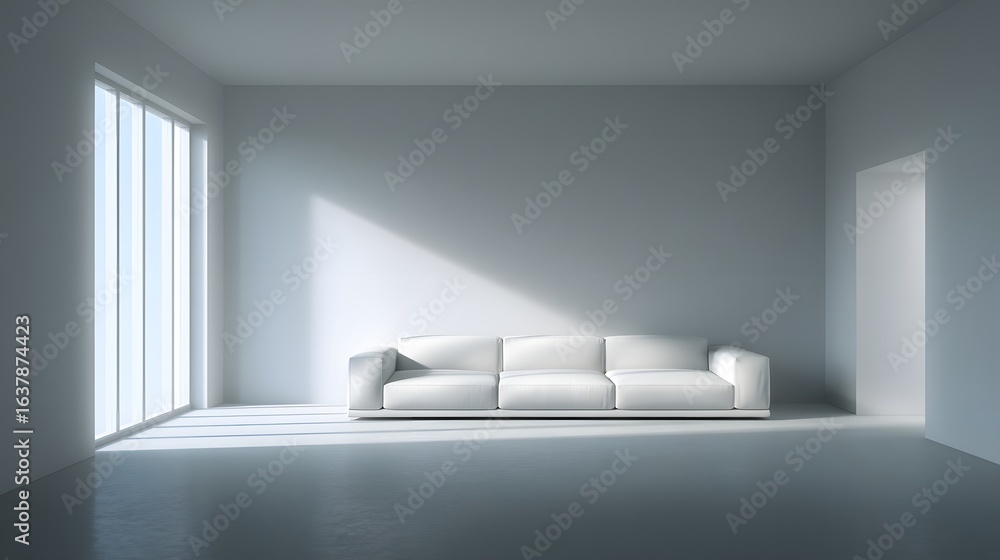Poster empty modern room with white sofa and large window.