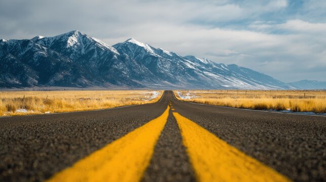 Endless Asphalt Road Leads to Majestic Snow-Capped Mountains Under Cloudy Skies in Rural Landscape - Powered by Adobe