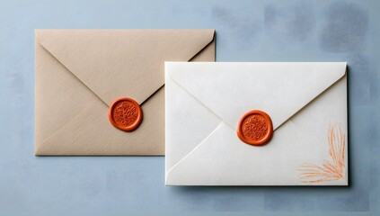 Two elegant square envelopes sealed with classic red wax seals on a textured blue background conveying tradition and sophistication