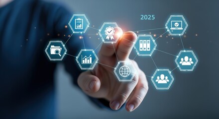 Business Technology Concept Displaying Data and Modern Interface, Person Interacting with Digital Icons Representing Planning and Efficiency