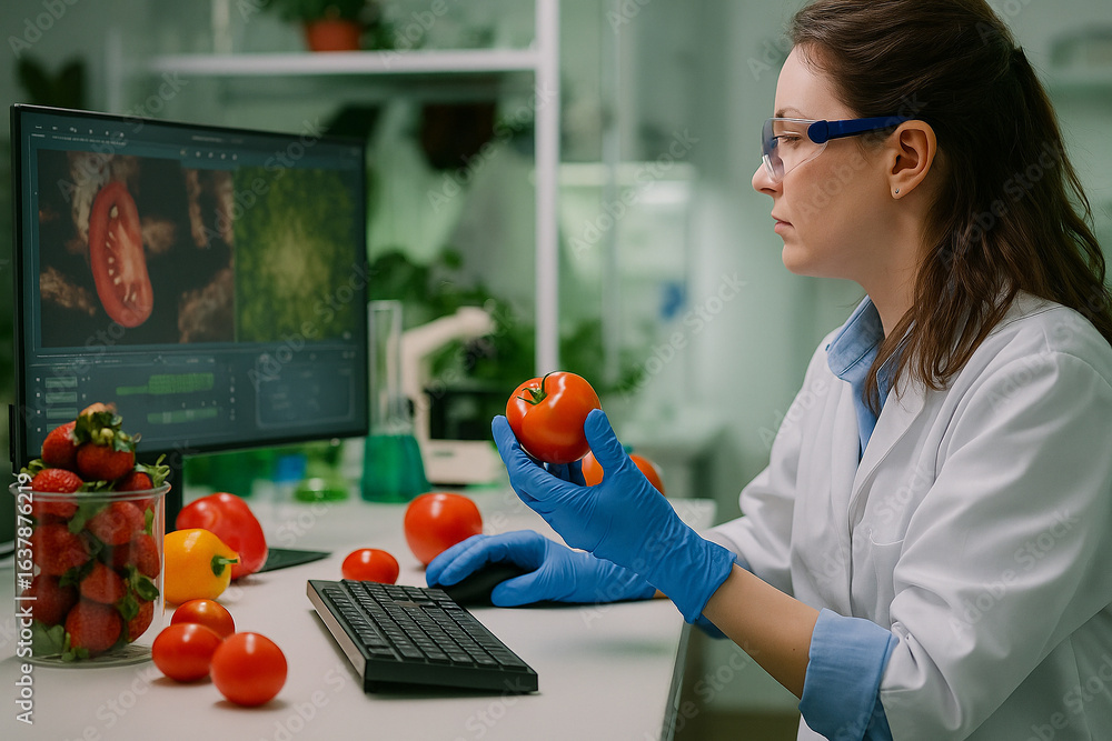 Aufkleber ai generated image of female scientist analyzing tomato with computer aided system in food laborator