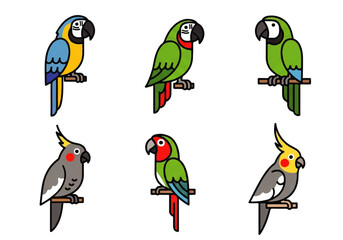 Parrots on sticks in different colors. Suitable for childrens books, educational materials, and naturethemed designs.