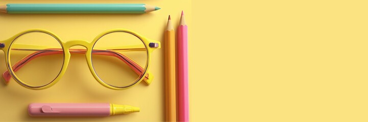 Kid short sighted glasses and crayons and  pencil. Back to school concept banner on butter yellow background, copy space