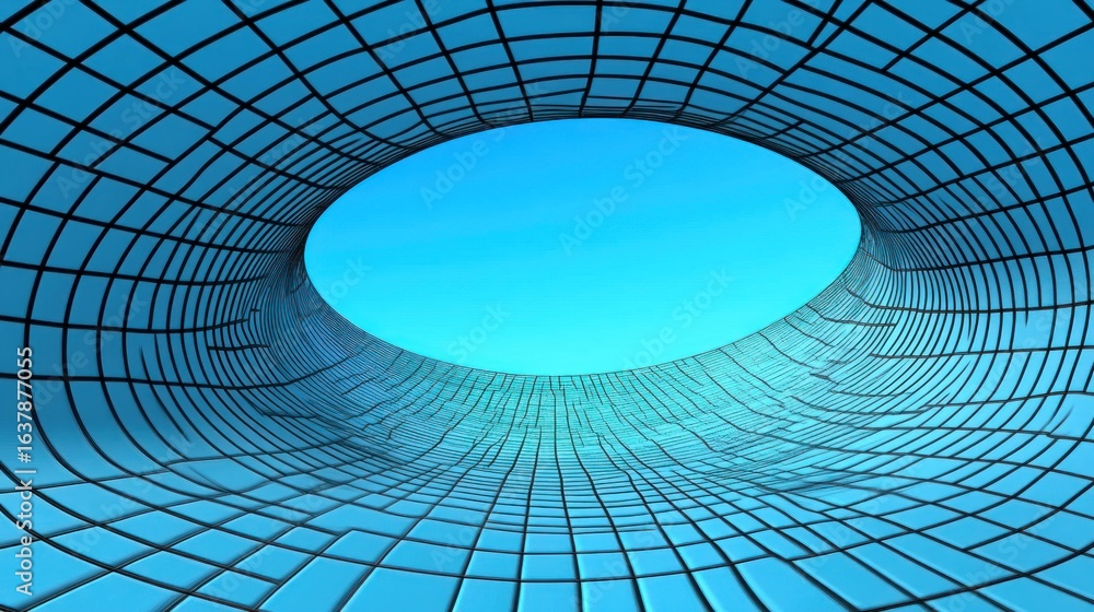Poster abstract futuristic tunnel made of blue tiles and a grid structure creates depth