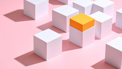 Obraz premium Distinctive Cube: A vibrant orange cube stands out among a sea of white cubes, symbolizing uniqueness, individuality, and standing apart in a field of conformity.