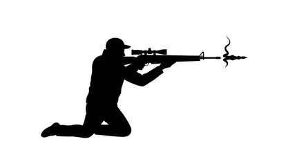 Silhouette of a sniper in a kneeling position firing a high-powered rifle with a scope. Isolated graphic on a white background.