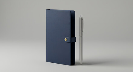 Minimalist mockup of a closed navy blue journal with a gold snap and a sleek pen, isolated on a gray studio background