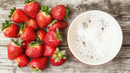 Fresh strawberries and foamy beverage on a rustic wooden surface creating a summer vibe