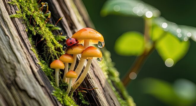 Vibrant Ladybug on Glistening Orange Mushrooms with Reflecting Dewdrops