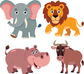 Cartoon African animal set, elephant, lion, hippo, wildebeest illustration, cute vector clipart, zoo wildlife icons, kids design