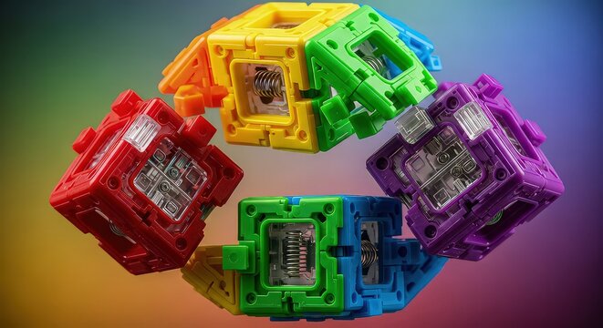 Vibrant Mechanical Rainbow: A Floating Ring of Interlocking Toy Cubes
