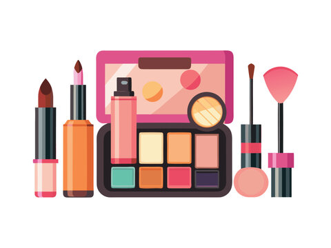 Collection of colorful makeup products including lipstick mascara and eyeshadow palette isolated on white background
