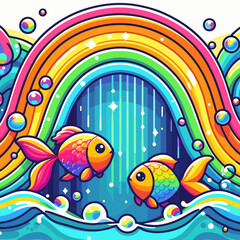 Colorful goldfish swimming under a vibrant rainbow with bubbles and waves in a cheerful aquatic background