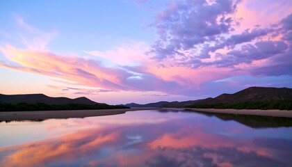 Fototapeta premium Tranquil waterway at sunset with sailboats, vibrant sky reflections, and lush green trees