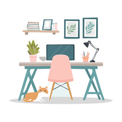 Comfortable home office workspace with a computer on a desk, a pink chair, and a pet cat. Modern interior design for remote work or study.