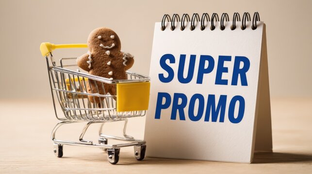 Festive Promotion with Gingerbread Cookie in Shopping Cart Announcing Super Promo Deal for Holiday Sales