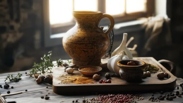 A Rustic Still Life: Spices, Herbs, and Earthenware