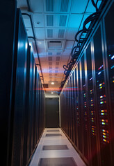 Shot of Corridor in Working Data Center Full of Rack Servers and Supercomputers with High Internet Visualisation Projection, blurry foreground, with white tones