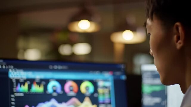 Focused Young Asian Man Engaged in Dynamic Digital Creative Work on Computer Screen
